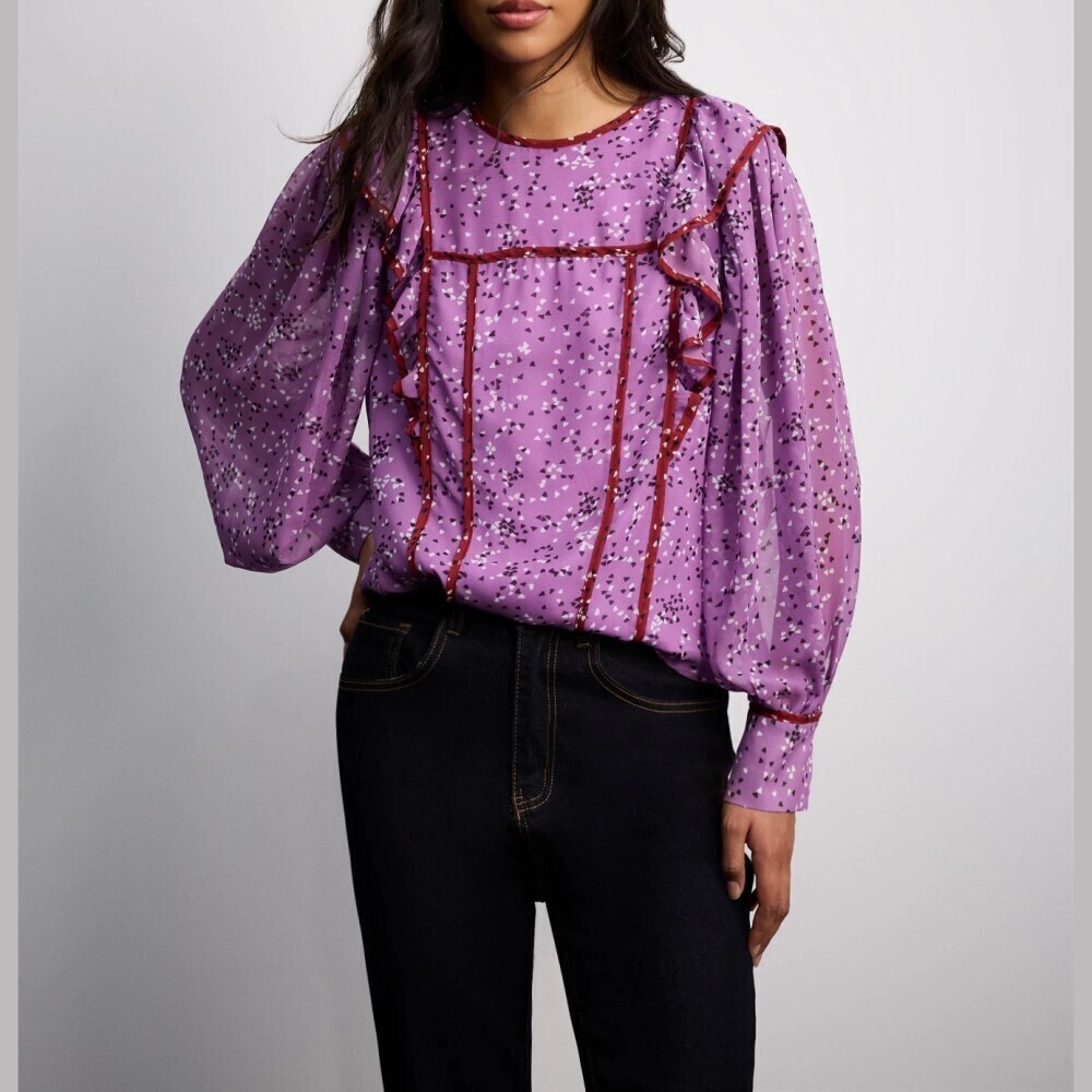 Pink Ditsy Pattern Red Ruffle Trim Sheer Balloon Sleeve Blouse